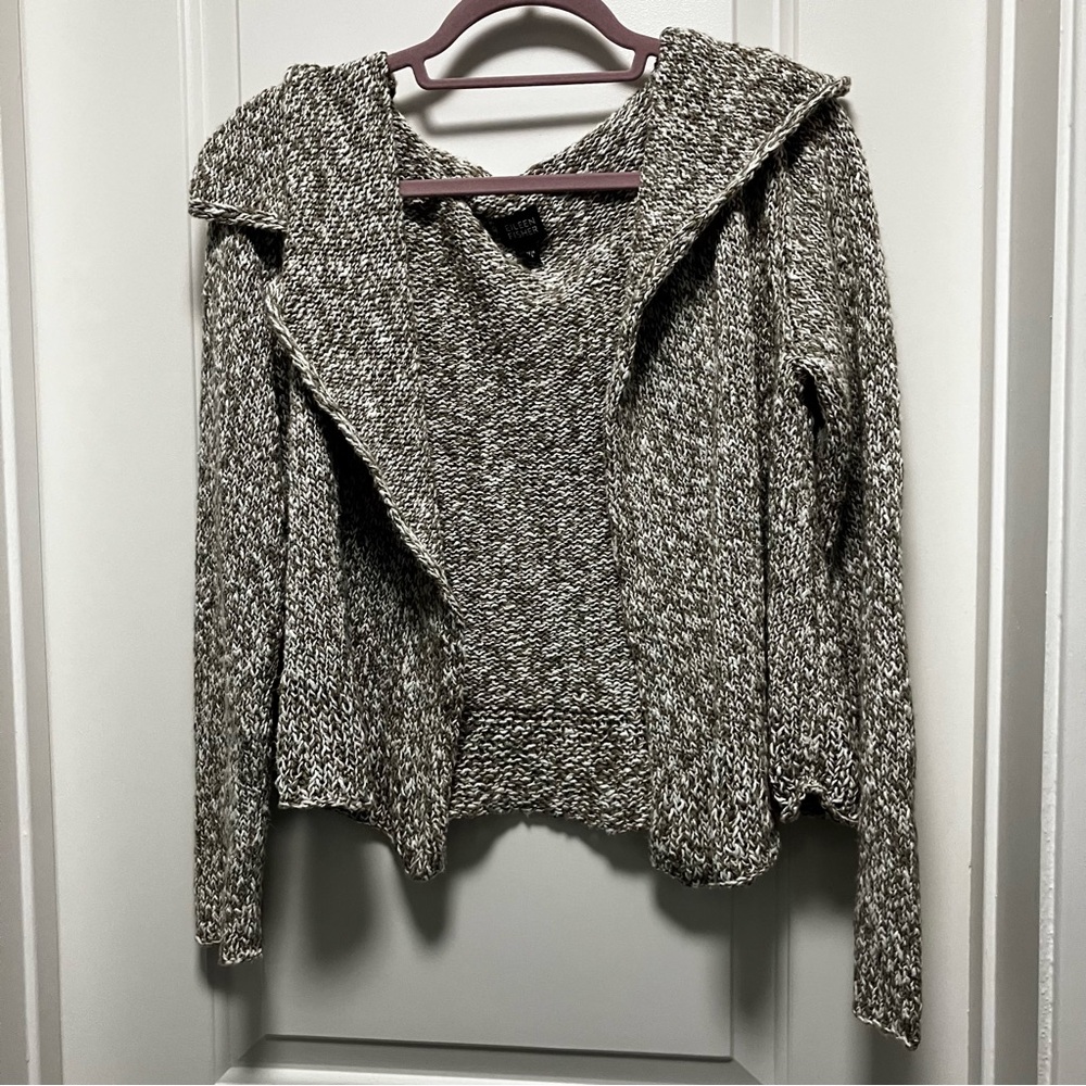 Eileen Fisher M Marled Cotton Knit Shawl Collar Cardigan Neutral Open Front